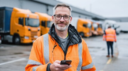 Truck fleet manager holding mobile device with commercial vehicles in the background