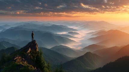 Fototapeta premium A lone figure stands on a mountain peak at sunrise, overlooking a vast valley of misty mountains.