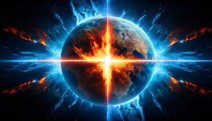 Obraz premium a planet is split by a fiery energy cross combining blue ice and orange fire in a cosmic explosive effect