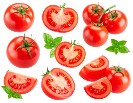 Tomatenmix mit Rispentomaten und Tomatenscheiben, Isoliert Weißer Hintergrund PNG