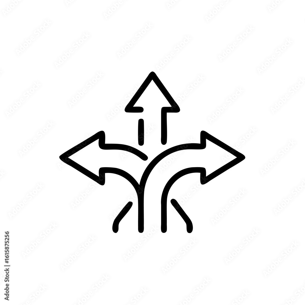 Poster outline icon three arrows diverging from a central point direction choice