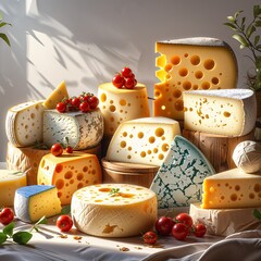 various types of cheese food gourmet healthy tasty natural milk product design appetizer eating slice various meal fresh snack white yellow board close-up