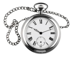 Vintage Pocket Watch with Chain in Diagonal Layout, Transparent PNG.