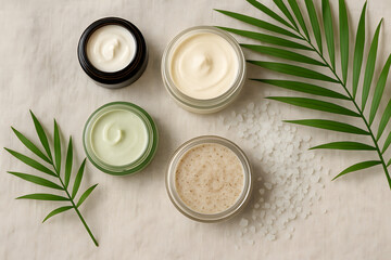 Natural Skincare Products with Cream Jars and Green Leaves Representing Organic Beauty and Wellness