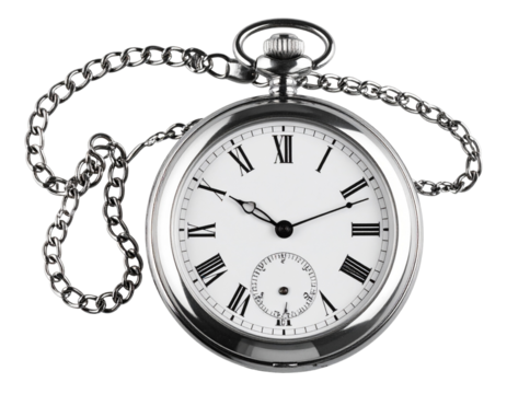 Vintage Pocket Watch with Chain in Diagonal Layout, Transparent PNG.
