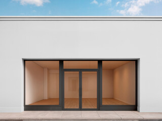 Empty Modern Storefront with Expansive Glass Windows Under Blue Sky