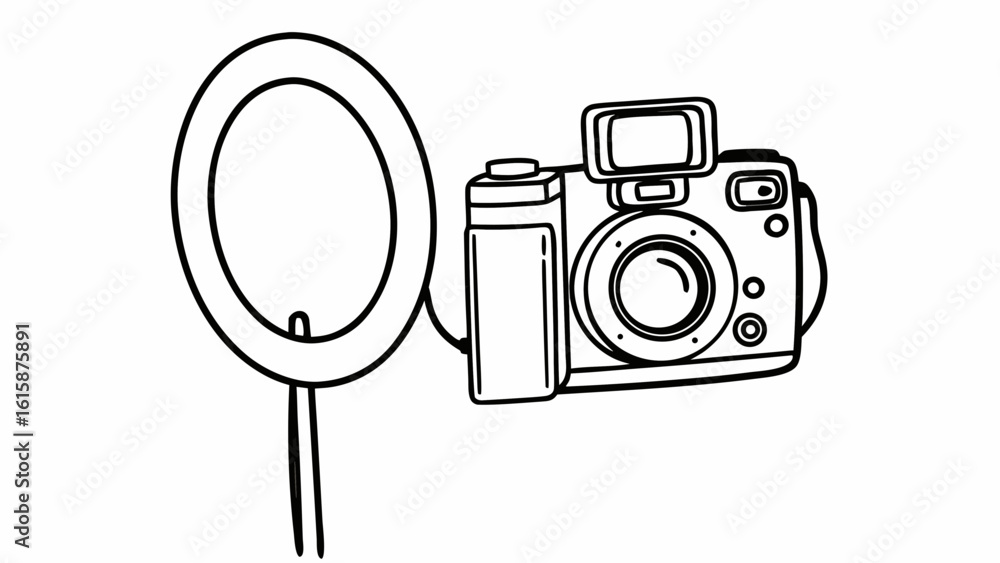 Poster a line drawing of a camera with a flash and a ring light on a stick for photography setup created wi