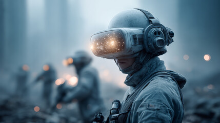 Naklejka premium Soldier wearing virtual reality headset, focused during futuristic battlefield mission