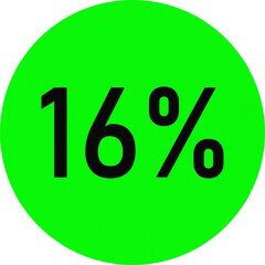 Green circle with sixteen percent isolated on transparent background