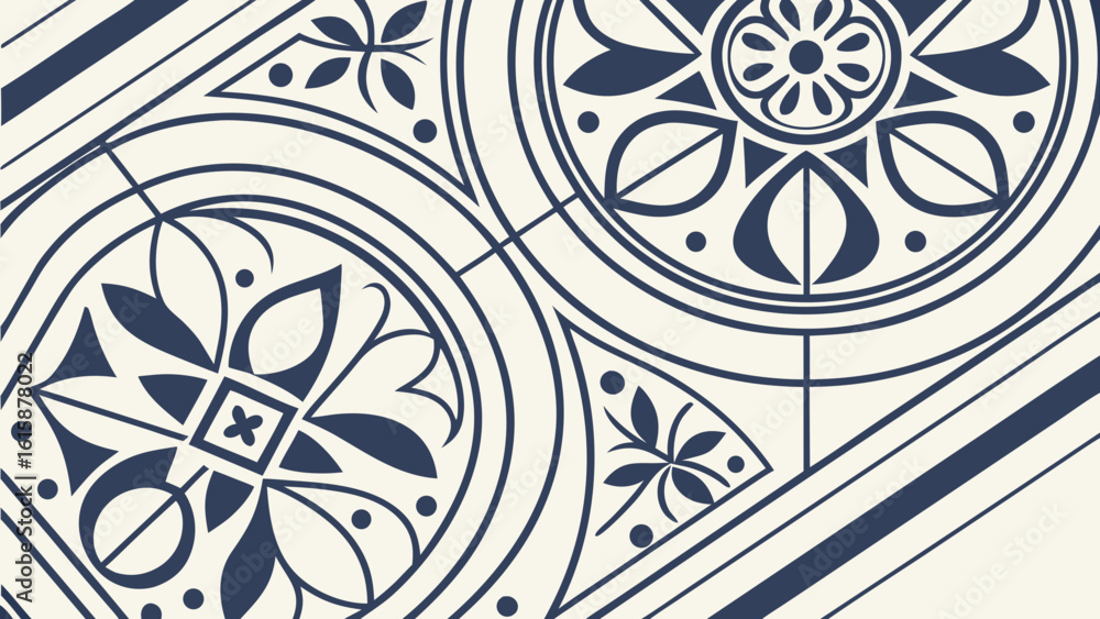 Poster ornate patterned tile design with floral and geometric elements in navy and cream color scheme creat
