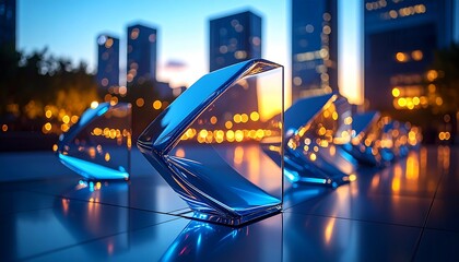 Sleek, futuristic glass sculptures with smooth, flowing shapes reflecting neon city lights at dusk, hyper-realistic, crystal-clear focus