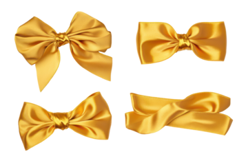 Four golden satin bows isolated on transparent background. luxury yellow gold color satin ribbon with bow isolated on white background.