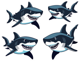 Four Animated Sharks Showing Teeth with Aggressive Yet Playful Expressions