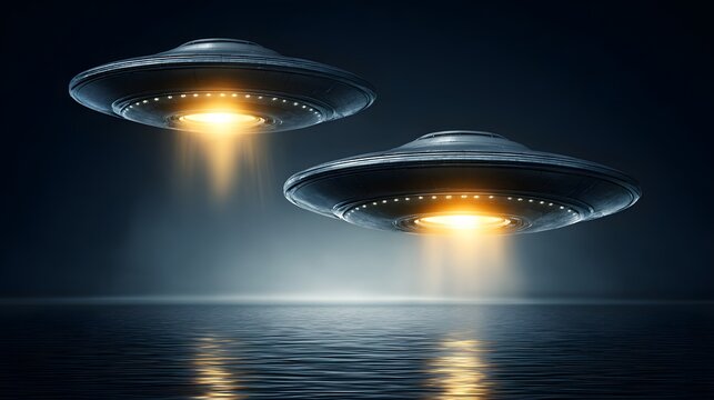 Two unidentified flying objects over a body of water.