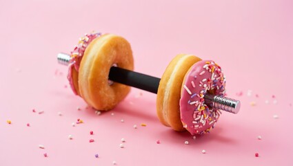 Dumbbell made of donuts on pink background