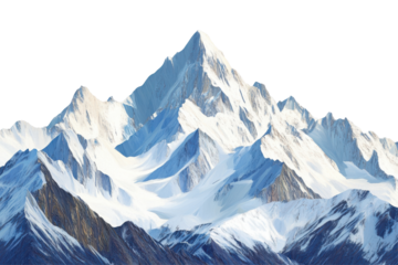 Majestic snow covered mountain peak isolated on transparent background. Majestic mountain range natural landscape hiking and travel themes isolated on white background.