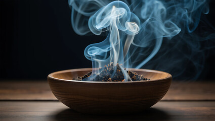 Wooden bowl filled with dark tea leaves emitting wispy blue smoke
