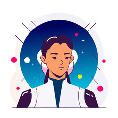 astronaut in space gear with a cosmic background of stars and abstract orbs. A futuristic vector concept for science, exploration, and space travel.
