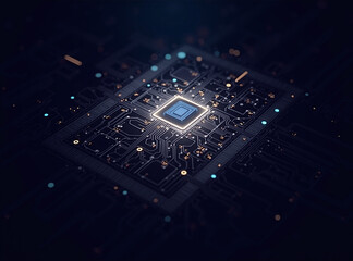 Advanced Processor Chip on Dark Circuit Board with Bright Lights - Digital Technology Concept
