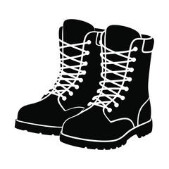 Pair of black combat boots with white laces on a white background
