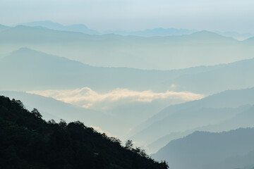 Scenic beauty of layers of mountains, Okhrey, sikkim, India. Okhrey village of one of the remotest places in Sikkim where peaceful, tranquil Himalayan mountain range is enjoyed by tourists from India.