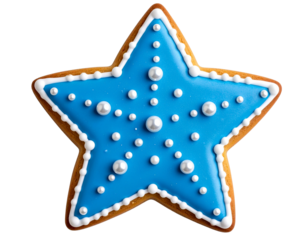 Blue and White Frosted Star Cookie with Silver Pearl Accents, transparent PNG.