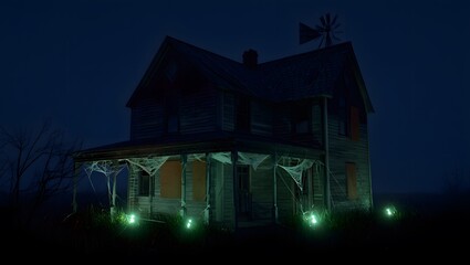 Haunted House Draped in Spider Webs with Eerie Green Glow