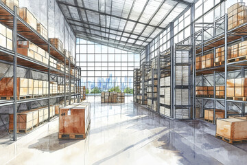 Modern warehouse interior design large window city view many boxes on shelves