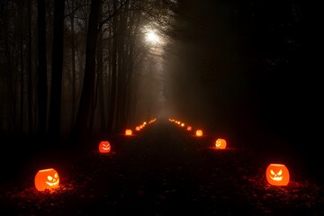 Enchanted Spooky Forest Trail Illuminated by Glowing Pumpkins