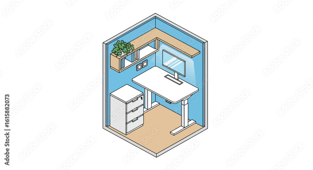 Poster isometric home office setup with computer and storage