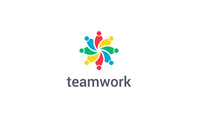 Teamwork logo with colorful abstract people figure vector design
