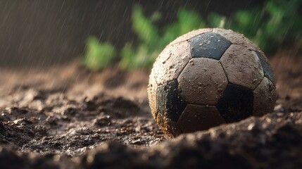 A muddy soccer ball sits in the ground during a rain shower.