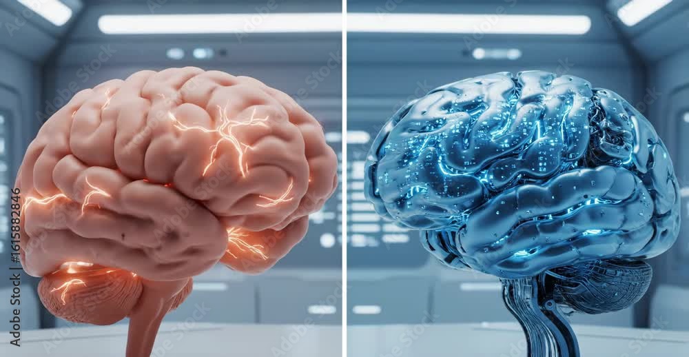 Poster dynamic contrast between organic human brain and futuristic cybernetic neural network, illustrating 