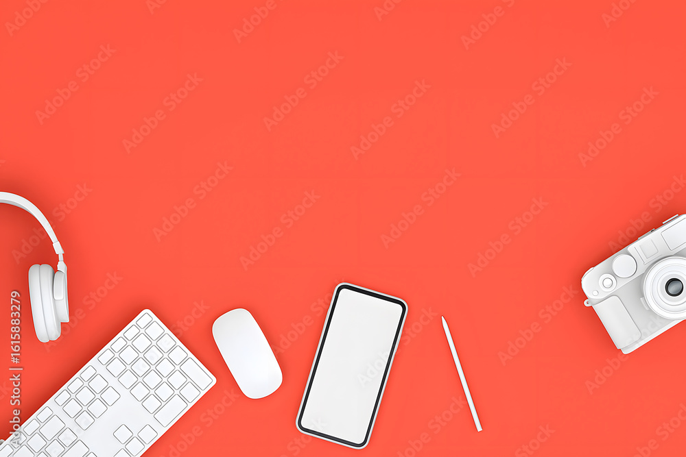 Poster essential modern workspace tech setup on vibrant coral background featuring gadgets and productivity