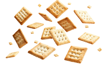 Crispy square crackers scattered and floating isolated on transparent background. Mixed crackers floating in the air isolated on white background.