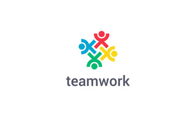 Teamwork logo with colorful abstract people figure vector design