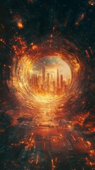 Cityscape Seen Through an Abstract Fiery Portal Illustration