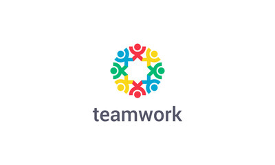 Teamwork logo with colorful abstract people figure vector design