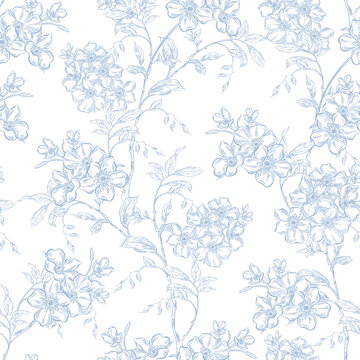 Vintage Toile de Jouy Pattern with Blue Roses and Swallows. Seamless floral and bird illustration