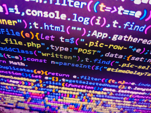 Search engi. HTML code on lcd screen. Data encryption security code on a computer display. Programmer working in a software develop company office. Programmer working of software