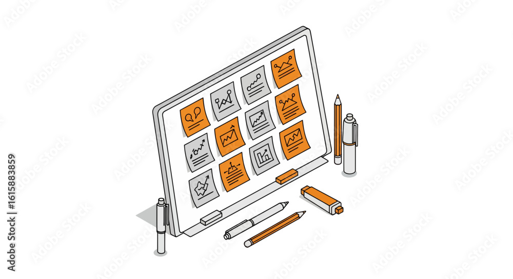 Poster planning concepts with charts and writing tools