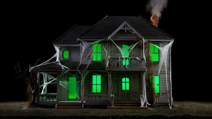 Haunted House Draped in Spider Webs with Eerie Green Glow