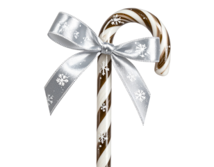 Candy Cane with Snowflake Pattern and Silver Ribbon, isolated on a transparent background.