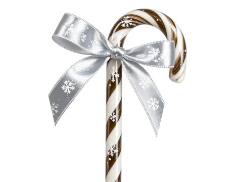 Candy Cane with Snowflake Pattern and Silver Ribbon, isolated on a transparent background. - Powered by Adobe