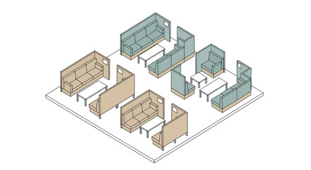 Office booths with sofas and small tables