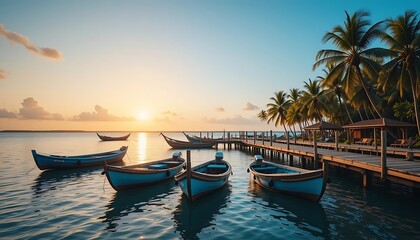 Obraz premium Traditional Fishing Boats Docked at Pier During Tropical Sunset