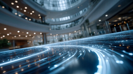 Fototapeta premium Digital Flow in Modern Architecture: Futuristic streaks of light cascade across a modern building's sleek surfaces.