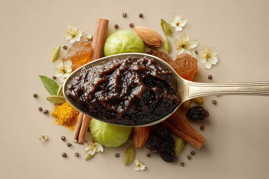 a focused image showcasing a spoon filled with chyawanprash placed in the center and surrounded by ayurvedic ingredients