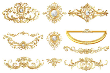 Collection of ornate gold decorative elements isolated on transparent background. Multiple golden ornate frames in different styles on a white background.