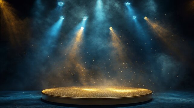 Illuminated stage with spotlights, smoke, and golden platform.